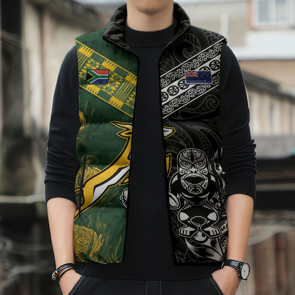Custom Rugby New Zealand South Africa Sleeveless Puffer Jacket Maori Tiki Springboks Together
