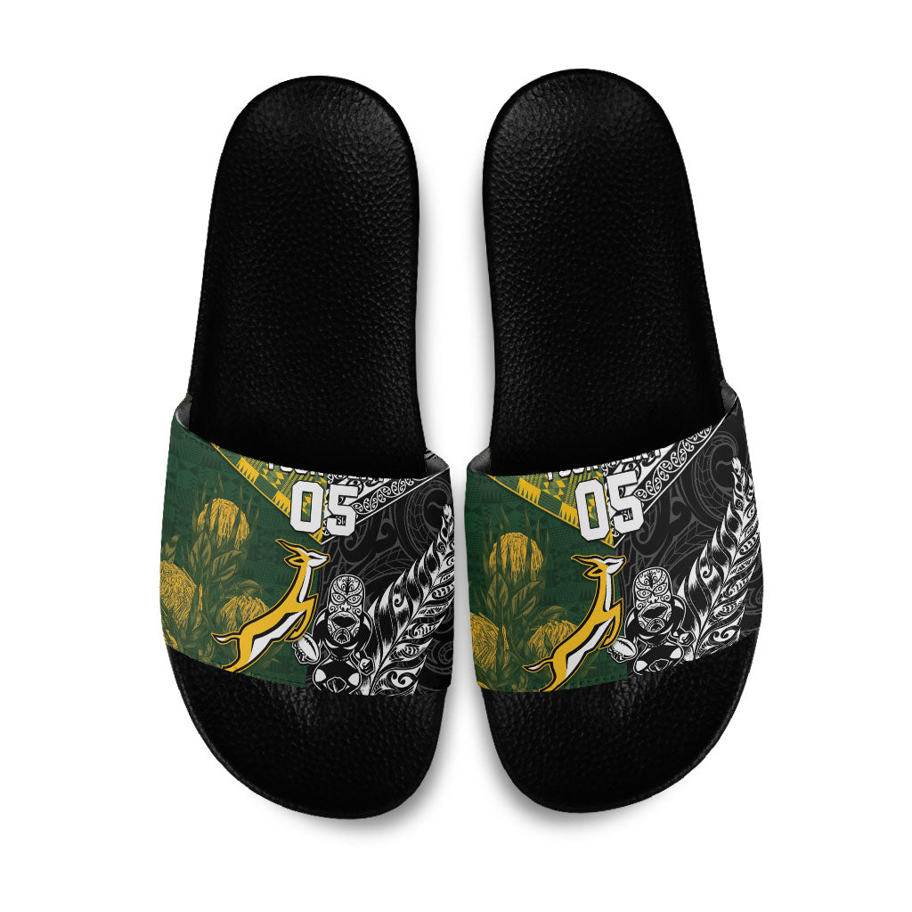 Custom Rugby New Zealand South Africa Slide Sandals Maori Tiki Springboks Together