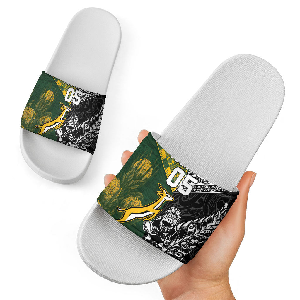 Custom Rugby New Zealand South Africa Slide Sandals Maori Tiki Springboks Together