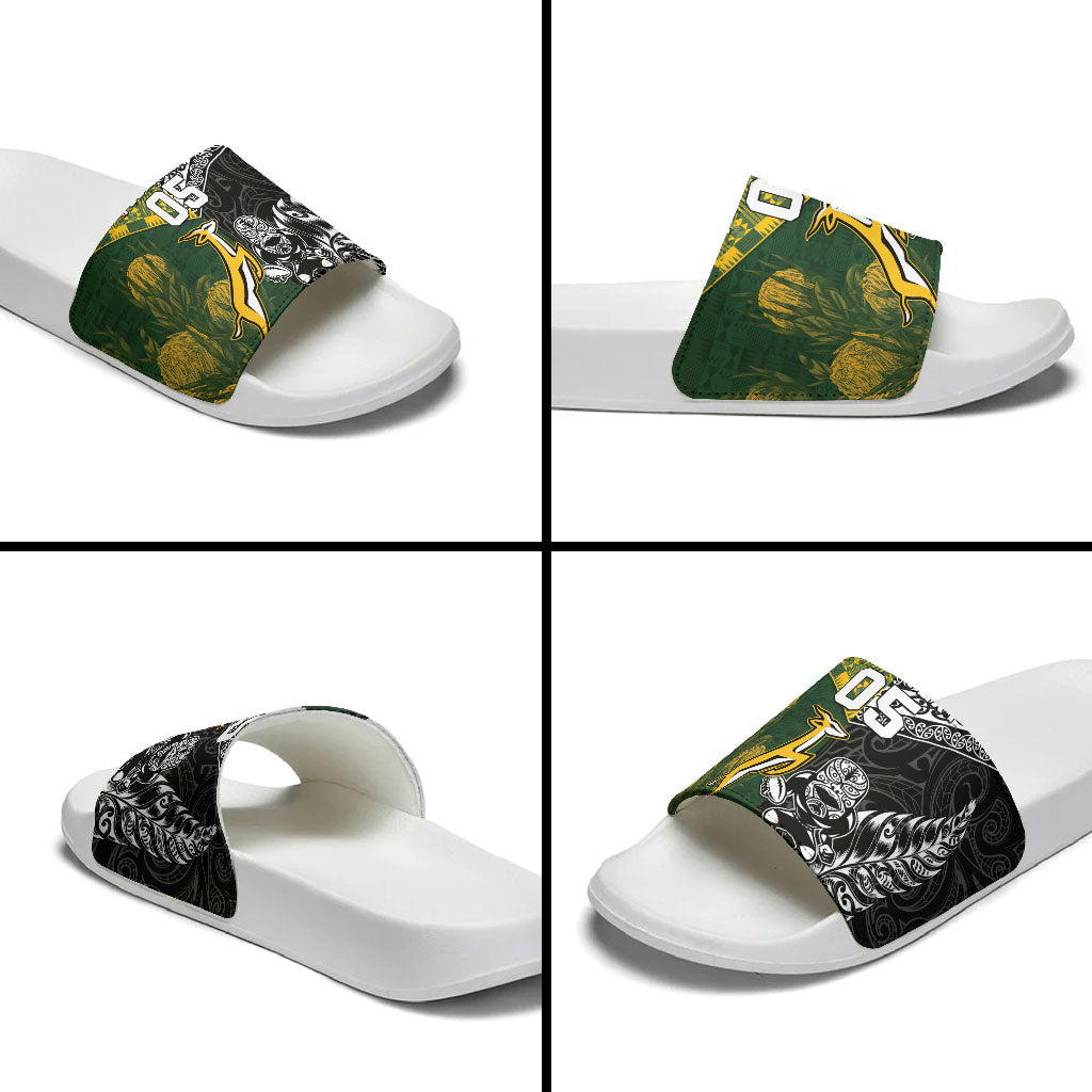 Custom Rugby New Zealand South Africa Slide Sandals Maori Tiki Springboks Together