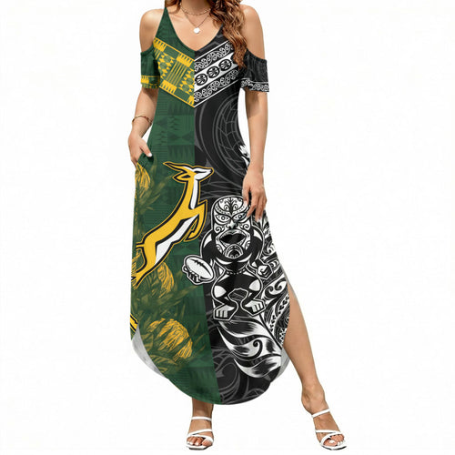 Custom Rugby New Zealand South Africa Summer Maxi Dress Maori Tiki Springboks Together