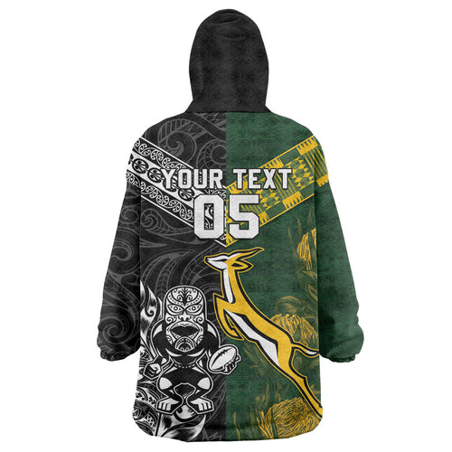 Custom Rugby New Zealand South Africa Wearable Blanket Hoodie Maori Tiki Springboks Together