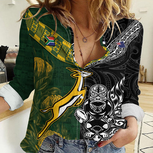 Custom Rugby New Zealand South Africa Women Casual Shirt Maori Tiki Springboks Together