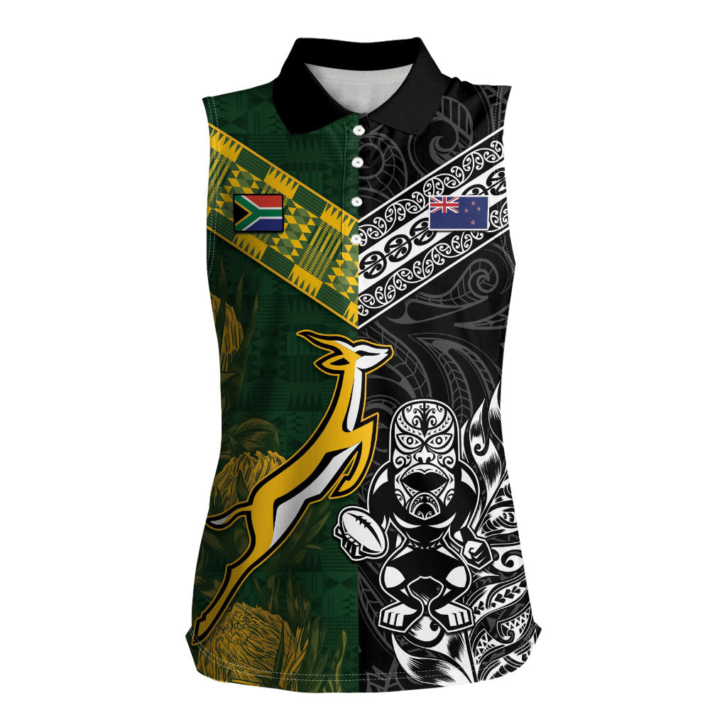 Custom Rugby New Zealand South Africa Women Sleeveless Polo Shirt Maori Tiki Springboks Together