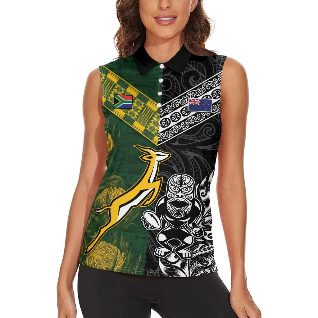 Custom Rugby New Zealand South Africa Women Sleeveless Polo Shirt Maori Tiki Springboks Together