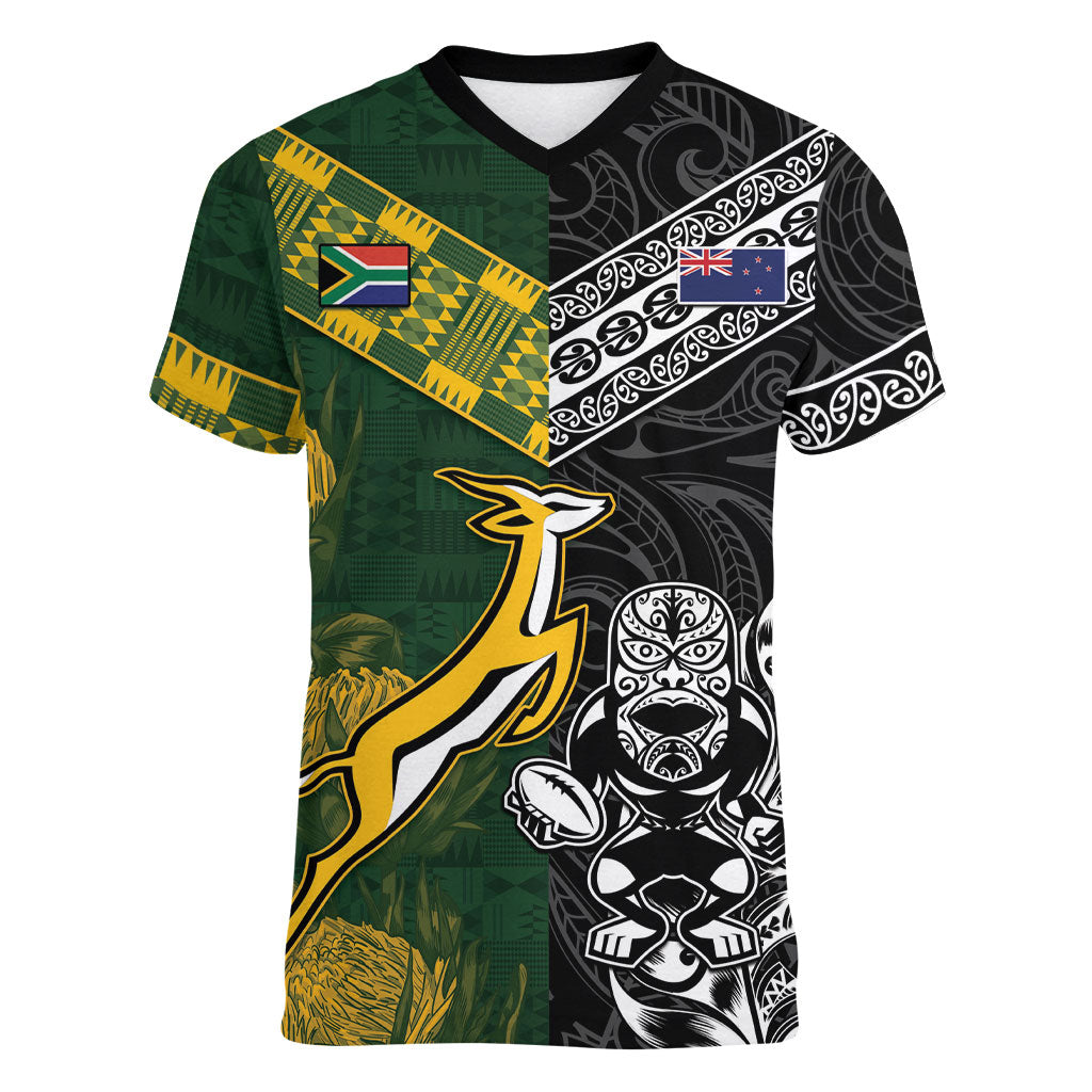 Custom Rugby New Zealand South Africa Women V-Neck T-Shirt Maori Tiki Springboks Together