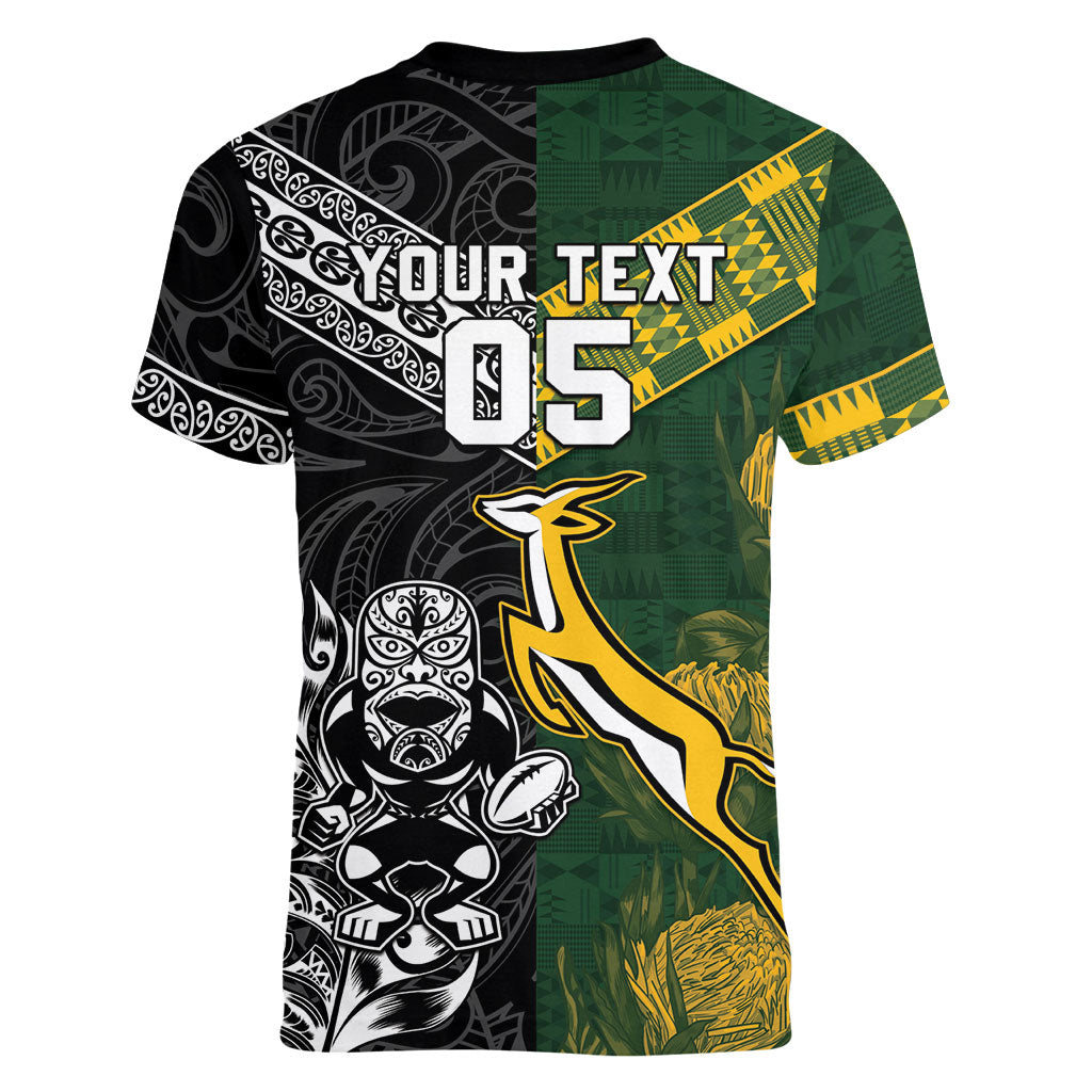 Custom Rugby New Zealand South Africa Women V-Neck T-Shirt Maori Tiki Springboks Together