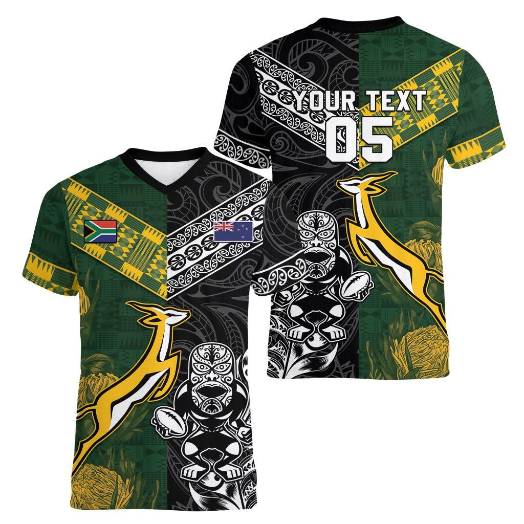 Custom Rugby New Zealand South Africa Women V-Neck T-Shirt Maori Tiki Springboks Together