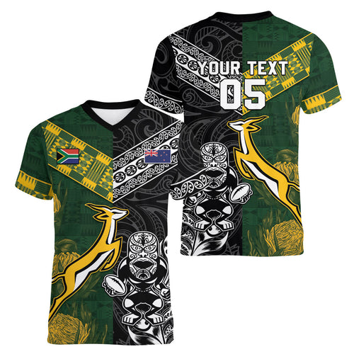 Custom Rugby New Zealand South Africa Women V-Neck T-Shirt Maori Tiki Springboks Together