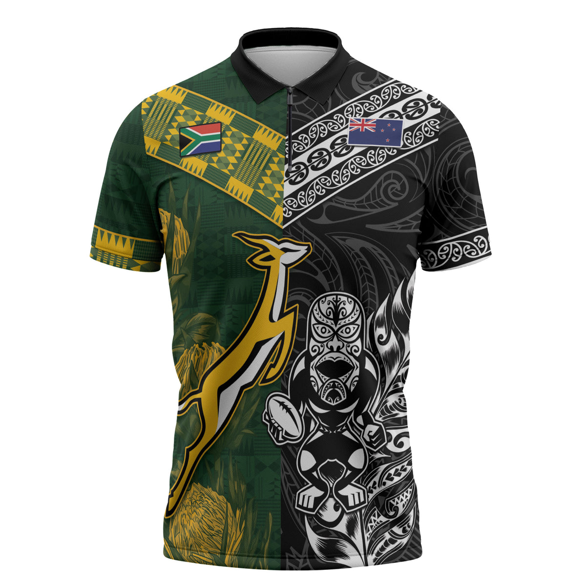Custom Rugby New Zealand South Africa Zipper Polo Shirt Maori Tiki Springboks Together