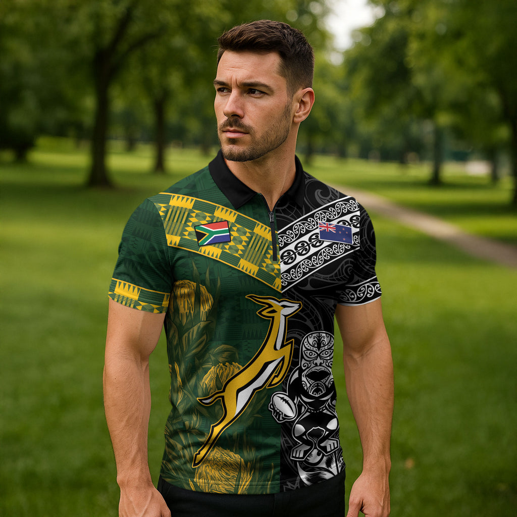 Custom Rugby New Zealand South Africa Zipper Polo Shirt Maori Tiki Springboks Together
