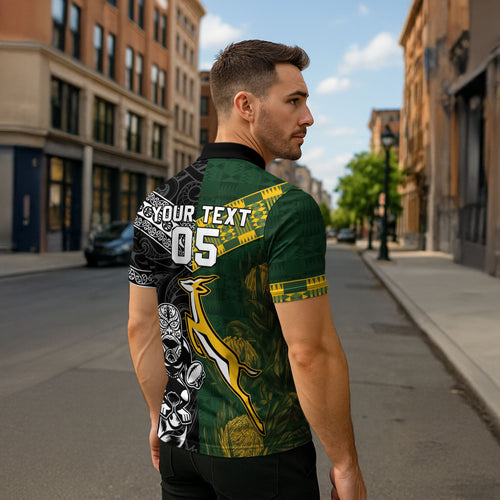Custom Rugby New Zealand South Africa Zipper Polo Shirt Maori Tiki Springboks Together