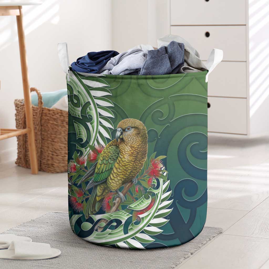 New Zealand Kea Bird Laundry Basket With Maori Koru Fern - Aussie Hoodie