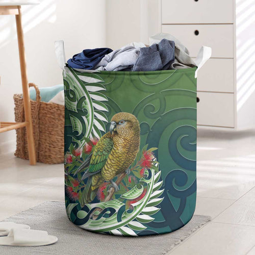 New Zealand Kea Bird Laundry Basket With Maori Koru Fern - Aussie Hoodie