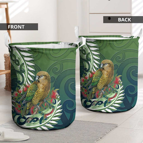 New Zealand Kea Bird Laundry Basket With Maori Koru Fern - Aussie Hoodie