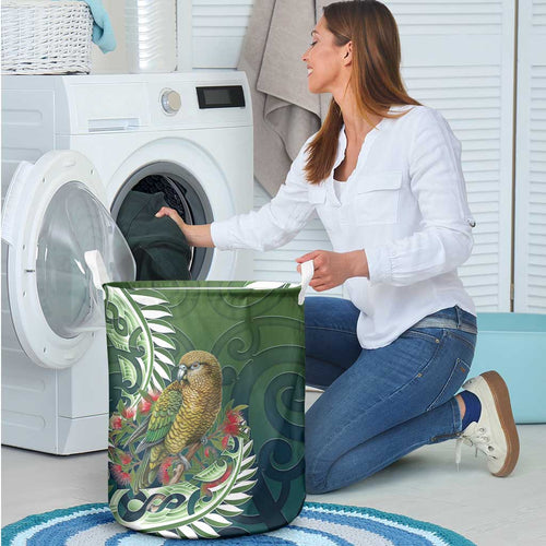 New Zealand Kea Bird Laundry Basket With Maori Koru Fern - Aussie Hoodie