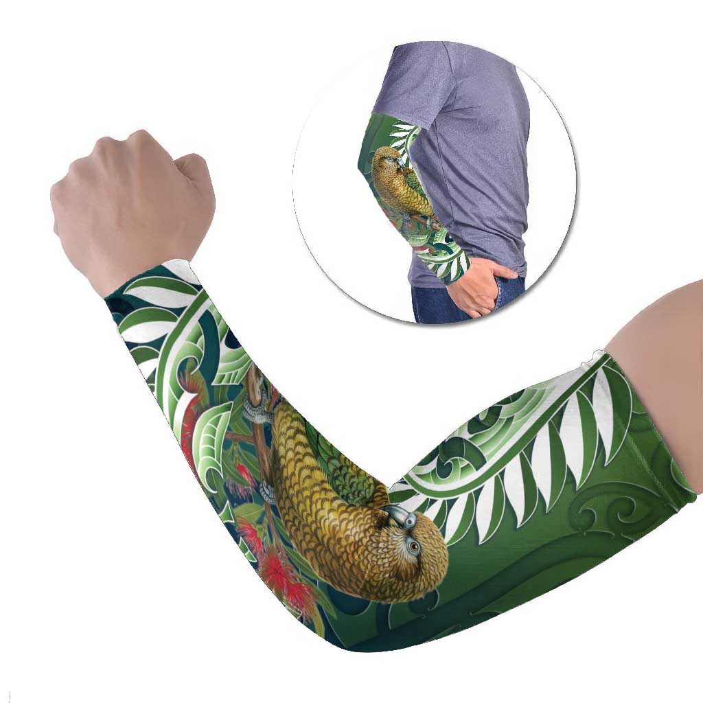New Zealand Kea Bird Arm Sleeves With Maori Koru Fern - Aussie Hoodie