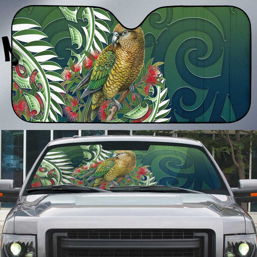 New Zealand Kea Bird Auto Sun Shade With Maori Koru Fern - Aussie Hoodie