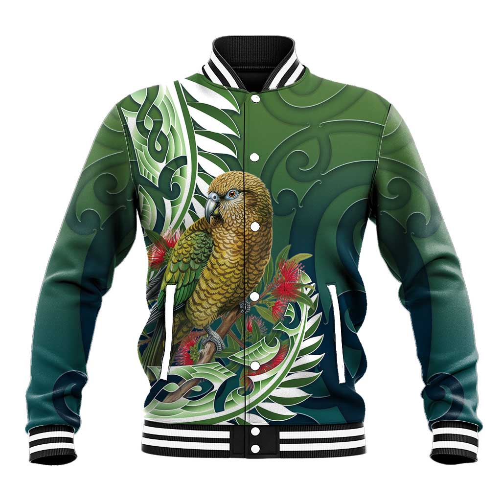 New Zealand Kea Bird Baseball Jacket With Maori Koru Fern - Aussie Hoodie