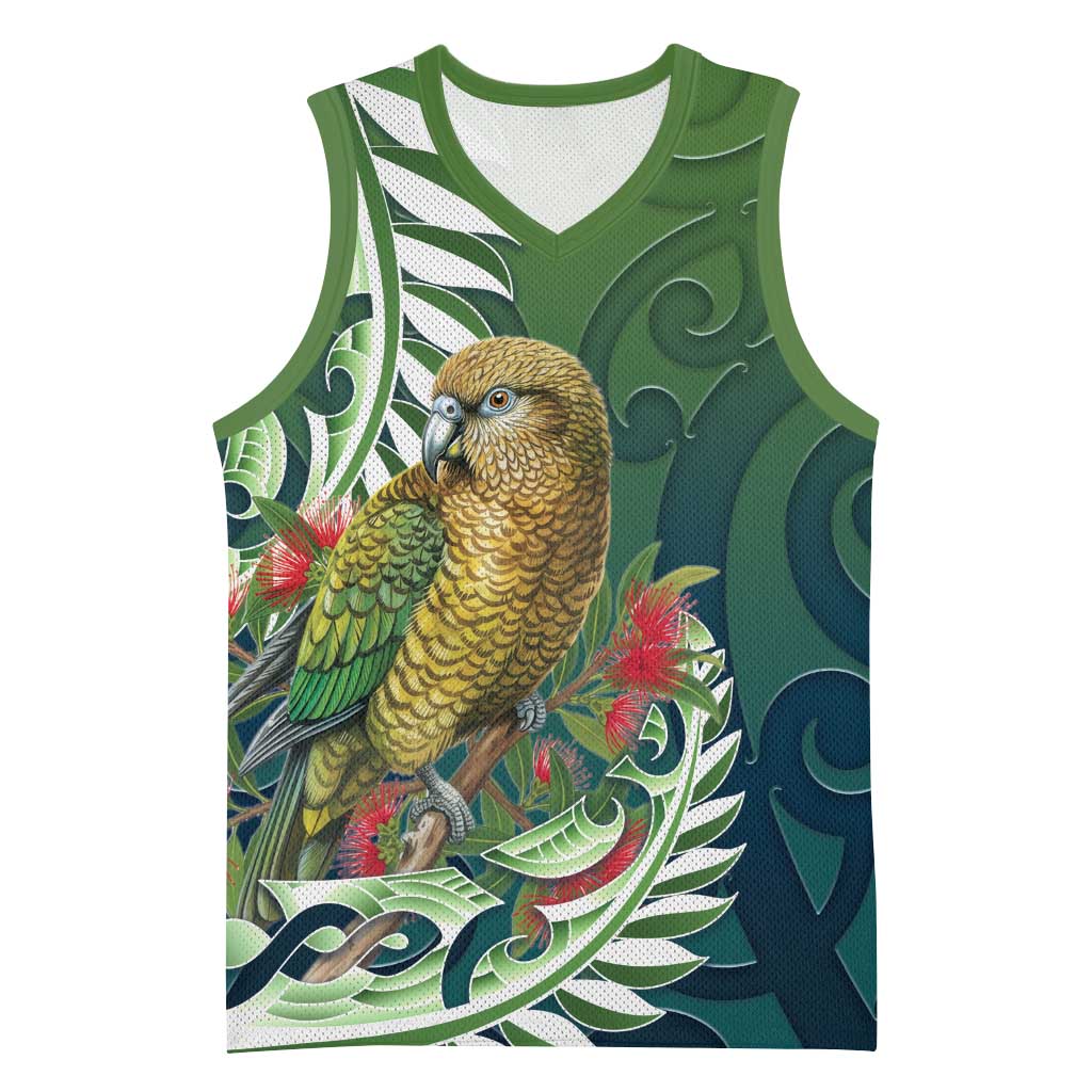 New Zealand Kea Bird Basketball Jersey With Maori Koru Fern - Aussie Hoodie