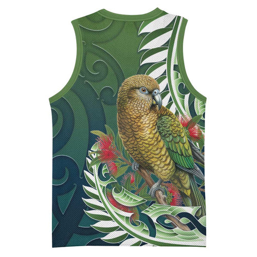 New Zealand Kea Bird Basketball Jersey With Maori Koru Fern - Aussie Hoodie