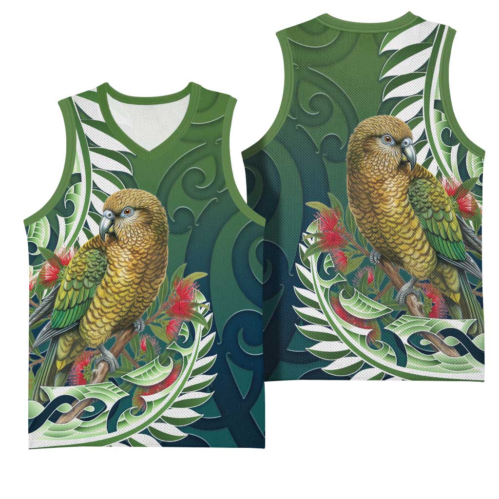 New Zealand Kea Bird Basketball Jersey With Maori Koru Fern - Aussie Hoodie