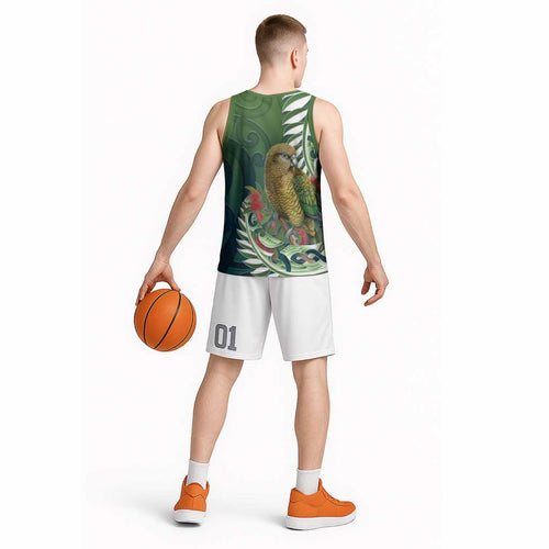 New Zealand Kea Bird Basketball Jersey With Maori Koru Fern - Aussie Hoodie