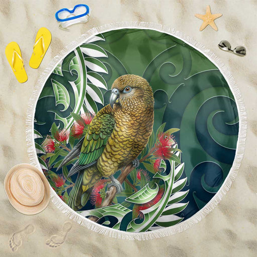 New Zealand Kea Bird Beach Blanket With Maori Koru Fern - Aussie Hoodie
