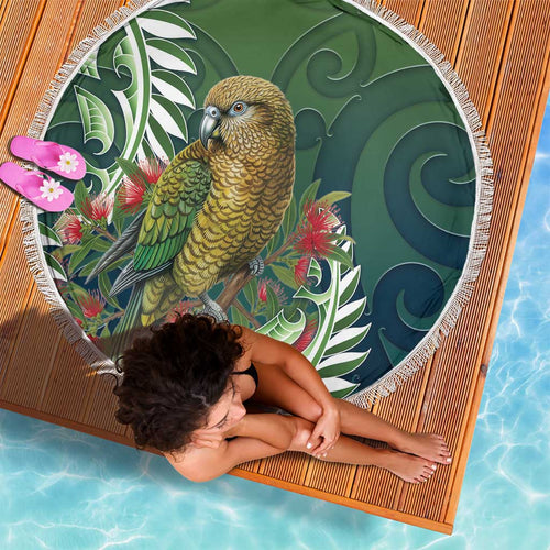 New Zealand Kea Bird Beach Blanket With Maori Koru Fern - Aussie Hoodie