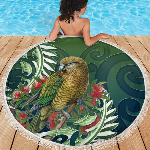 New Zealand Kea Bird Beach Blanket With Maori Koru Fern - Aussie Hoodie