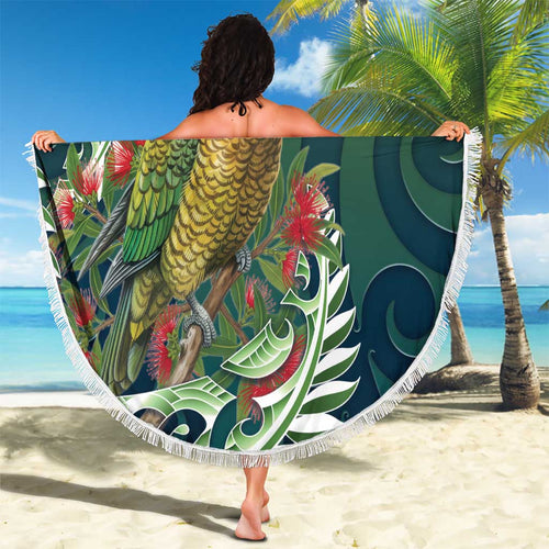 New Zealand Kea Bird Beach Blanket With Maori Koru Fern - Aussie Hoodie