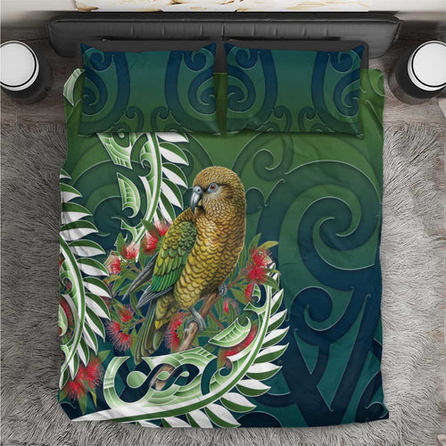 New Zealand Kea Bird Bedding Set With Maori Koru Fern - Aussie Hoodie
