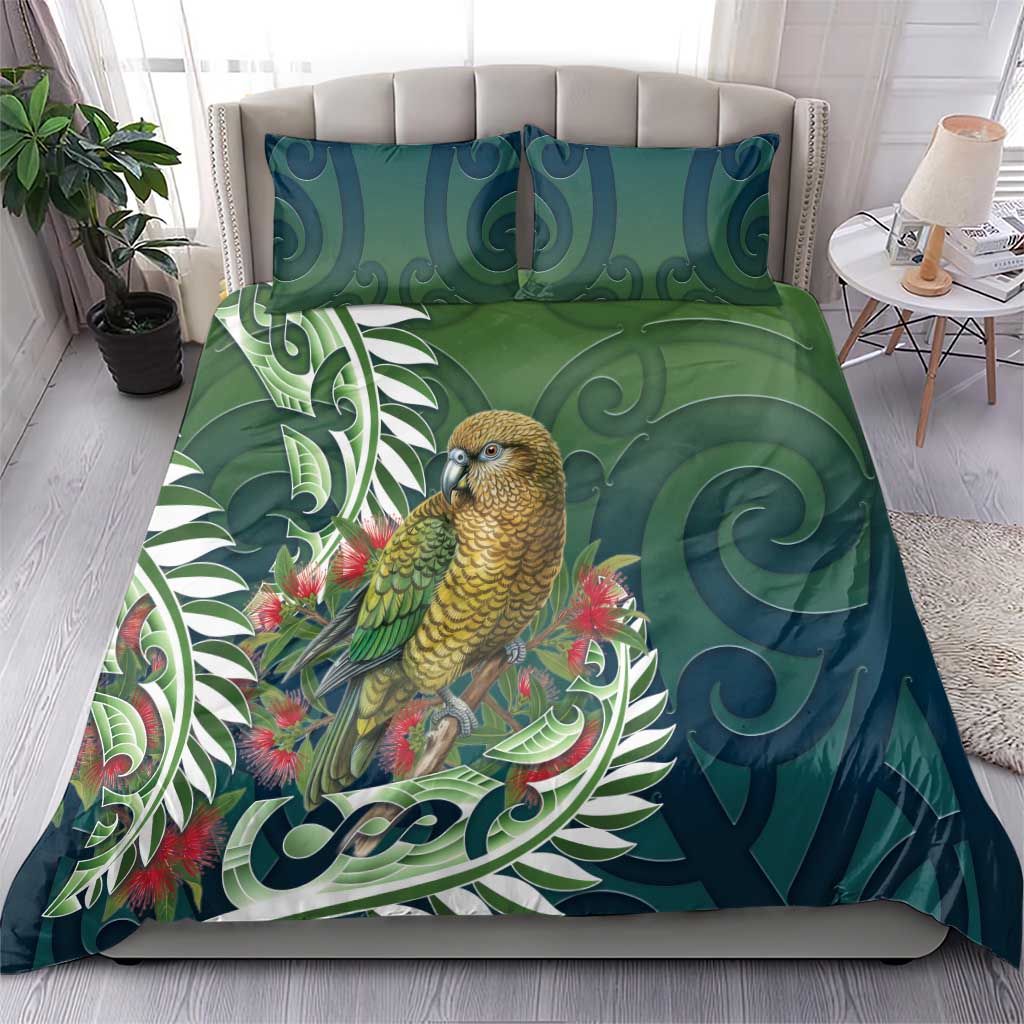 New Zealand Kea Bird Bedding Set With Maori Koru Fern - Aussie Hoodie