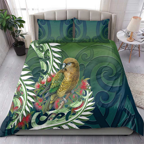 New Zealand Kea Bird Bedding Set With Maori Koru Fern - Aussie Hoodie