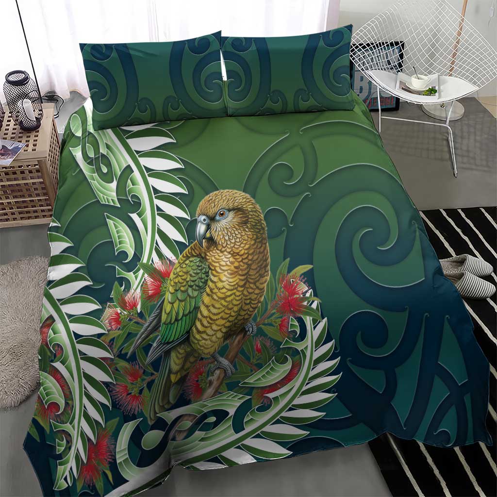 New Zealand Kea Bird Bedding Set With Maori Koru Fern - Aussie Hoodie