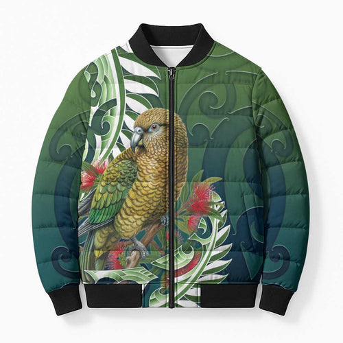 New Zealand Kea Bird Bomber Puffer Jacket With Maori Koru Fern - Aussie Hoodie