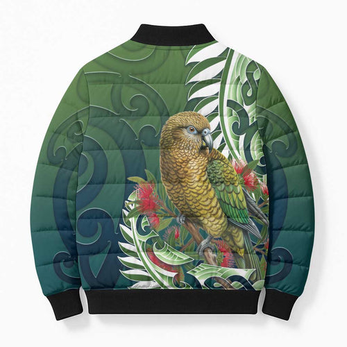 New Zealand Kea Bird Bomber Puffer Jacket With Maori Koru Fern - Aussie Hoodie