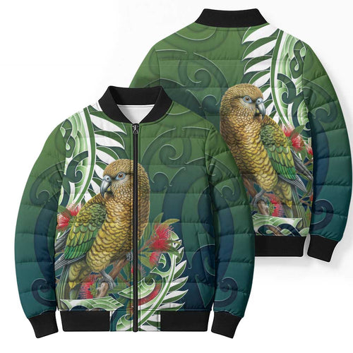 New Zealand Kea Bird Bomber Puffer Jacket With Maori Koru Fern - Aussie Hoodie