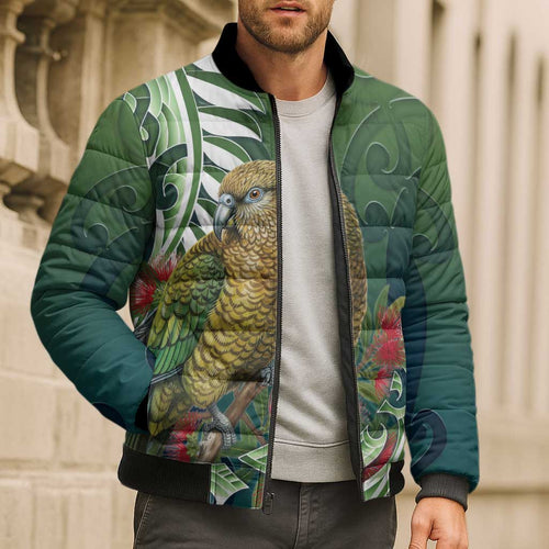 New Zealand Kea Bird Bomber Puffer Jacket With Maori Koru Fern - Aussie Hoodie