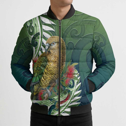 New Zealand Kea Bird Bomber Puffer Jacket With Maori Koru Fern - Aussie Hoodie