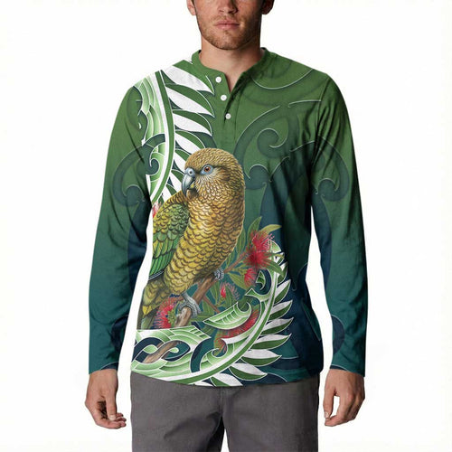 New Zealand Kea Bird Button Sweatshirt With Maori Koru Fern - Aussie Hoodie