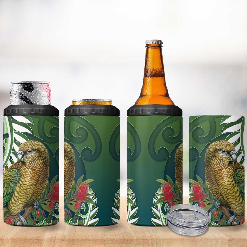New Zealand Kea Bird 4 in 1 Can Cooler Tumbler With Maori Koru Fern - Aussie Hoodie