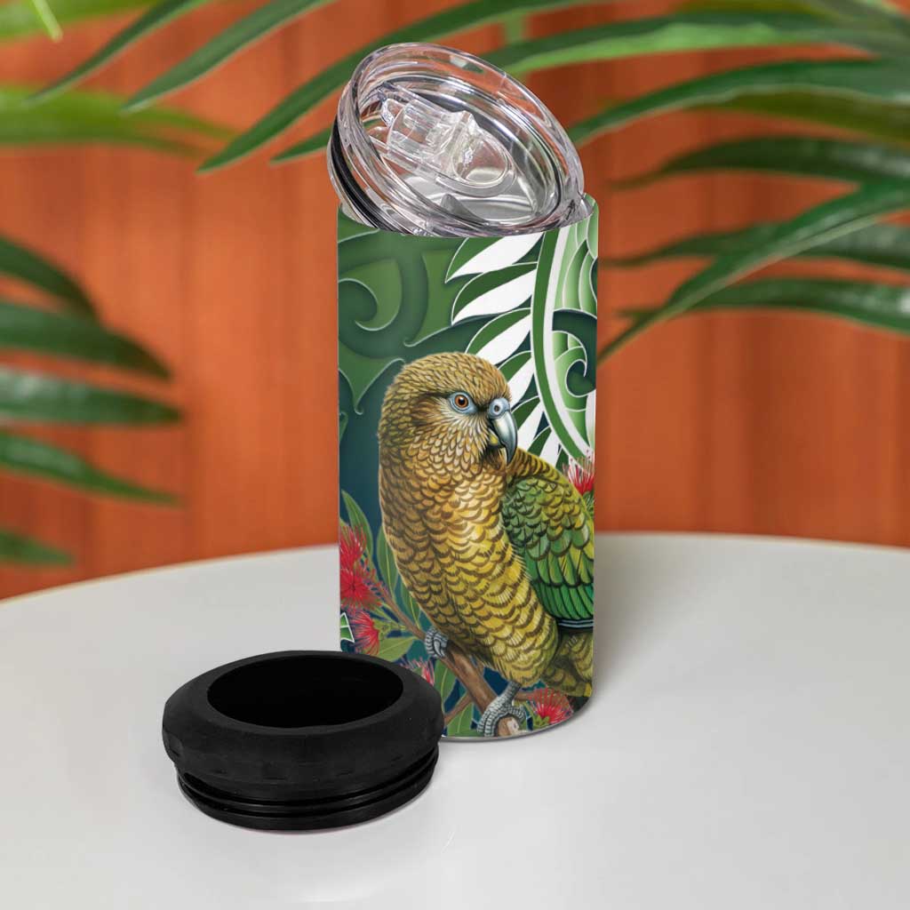 New Zealand Kea Bird 4 in 1 Can Cooler Tumbler With Maori Koru Fern - Aussie Hoodie