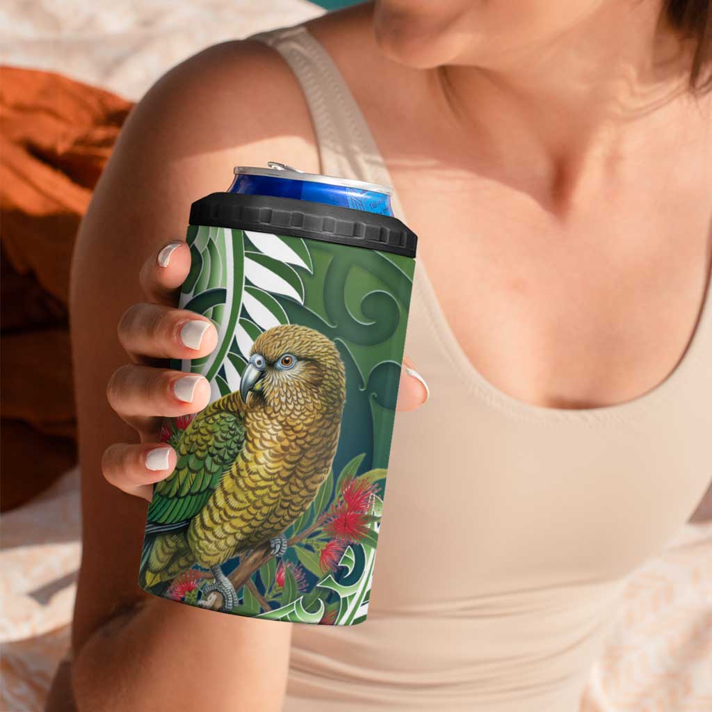 New Zealand Kea Bird 4 in 1 Can Cooler Tumbler With Maori Koru Fern - Aussie Hoodie