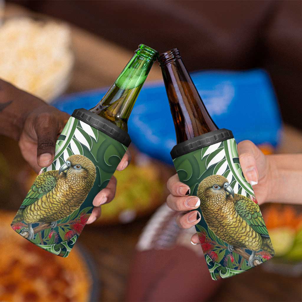 New Zealand Kea Bird 4 in 1 Can Cooler Tumbler With Maori Koru Fern - Aussie Hoodie