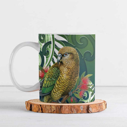 New Zealand Kea Bird Ceramic Mug With Maori Koru Fern - Aussie Hoodie