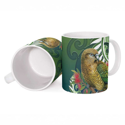 New Zealand Kea Bird Ceramic Mug With Maori Koru Fern - Aussie Hoodie