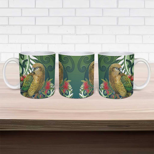 New Zealand Kea Bird Ceramic Mug With Maori Koru Fern - Aussie Hoodie