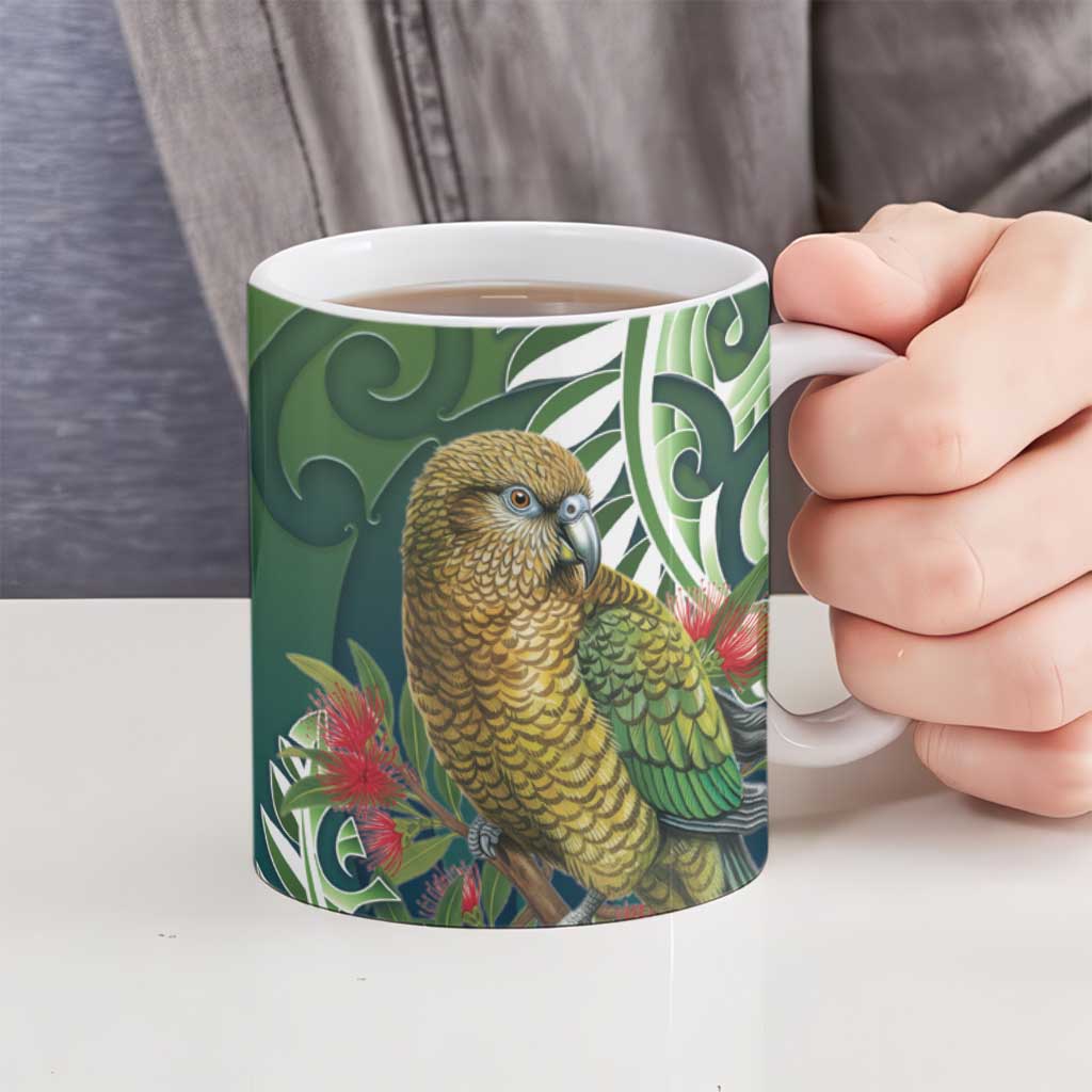 New Zealand Kea Bird Ceramic Mug With Maori Koru Fern - Aussie Hoodie