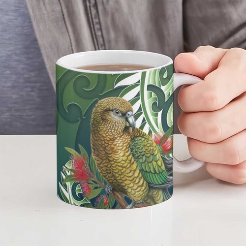 New Zealand Kea Bird Ceramic Mug With Maori Koru Fern - Aussie Hoodie